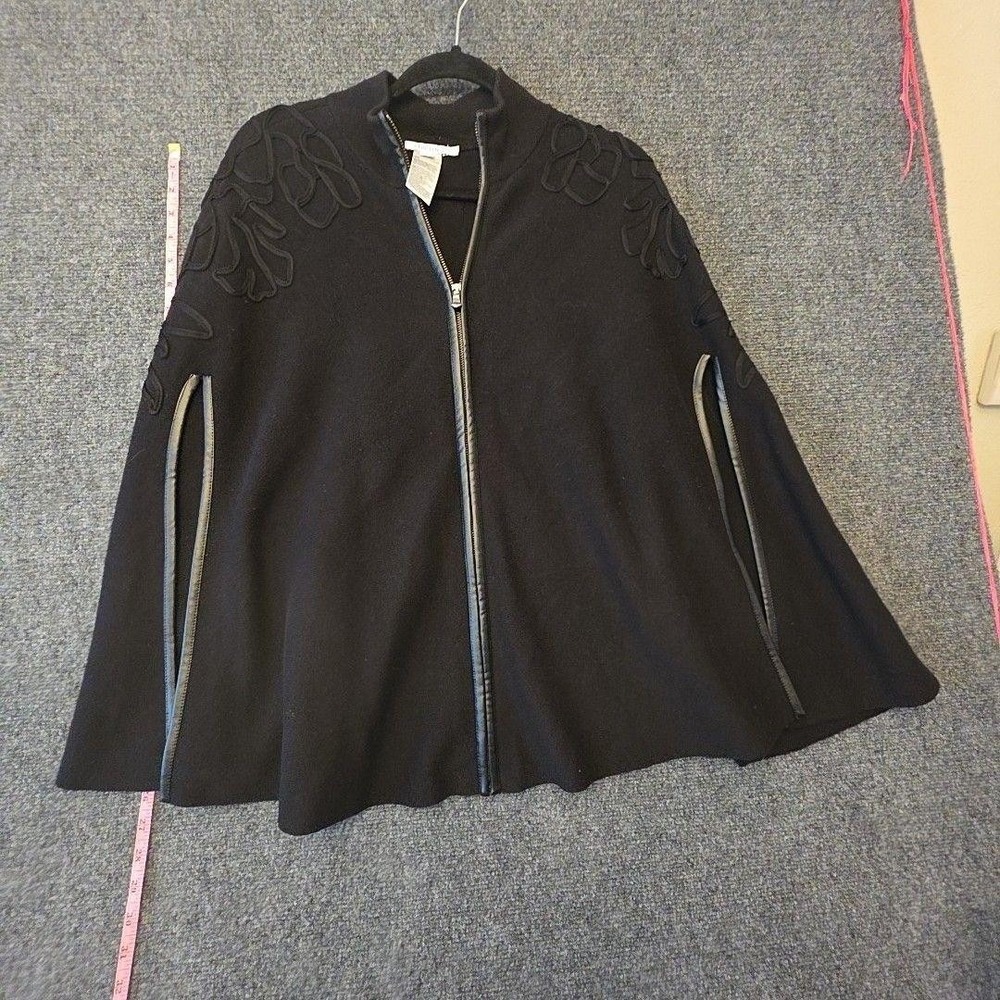 Chico's Cape Womens S M Black Knit Zip Front Embroidered Collared Mid Length